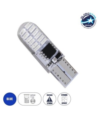 GloboStar® 08342 Λάμπα Αυτοκινήτου LED STROBE T10 W5W 24xSMD3014 1W 120lm 360° DC 12-16V IP20 Φ1 x Υ3.2cm Μπλε